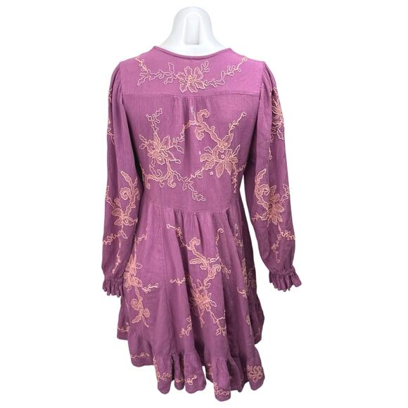 Free People Estella Purple Floral Embroidered Long Sleeve Ruffle Mini Dress XS - Picture 2 of 4